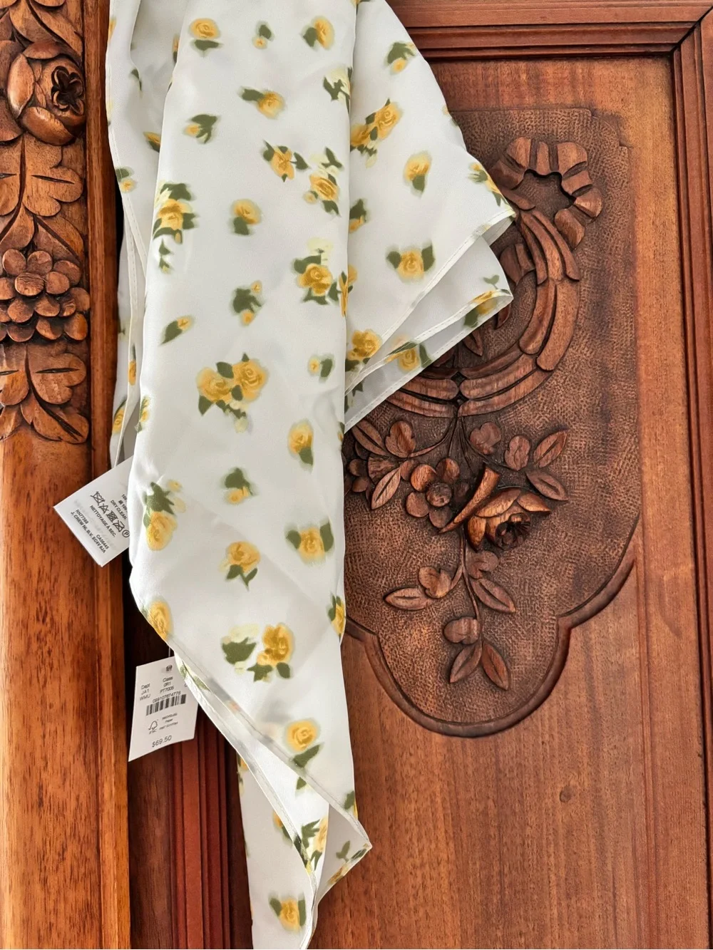 J. Crew White Silk Scarf with Yellow Rose Print